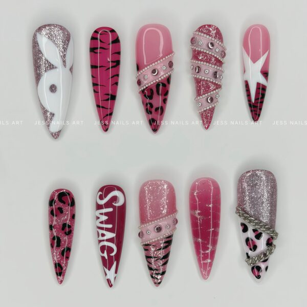 Pink Swag press-on nails by Jess Nailbox