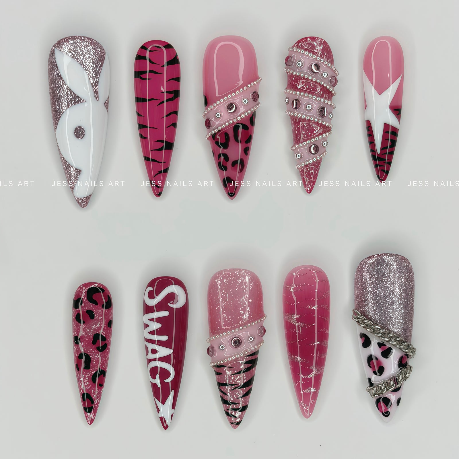 Pink Swag press-on nails by Jess Nailbox