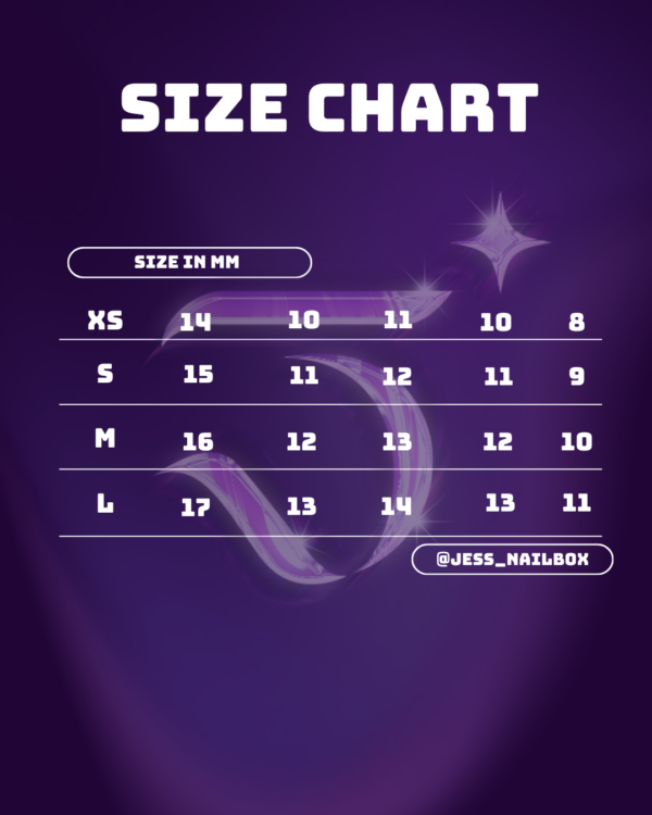 Jess Nailbox size chart in millimetres